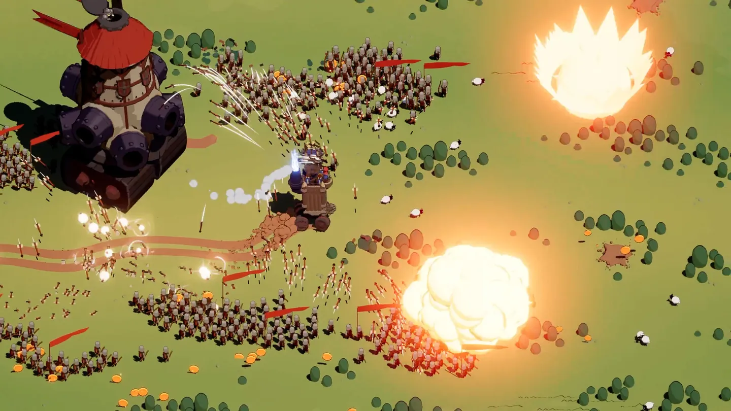 Wanderburg official gameplay: a mobile castle fighting among enemies on a grassy battlefield.